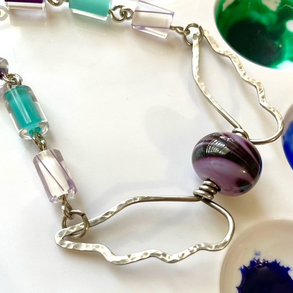 Handmade Sterling‎ Bat Wing Necklace Lampwork Beaded Chain Purple Turquoise - Picture 6 of 9